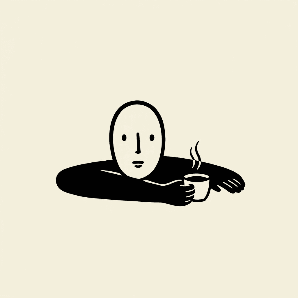The Goyo mark: a figure resting at a table with a warm cup of coffee